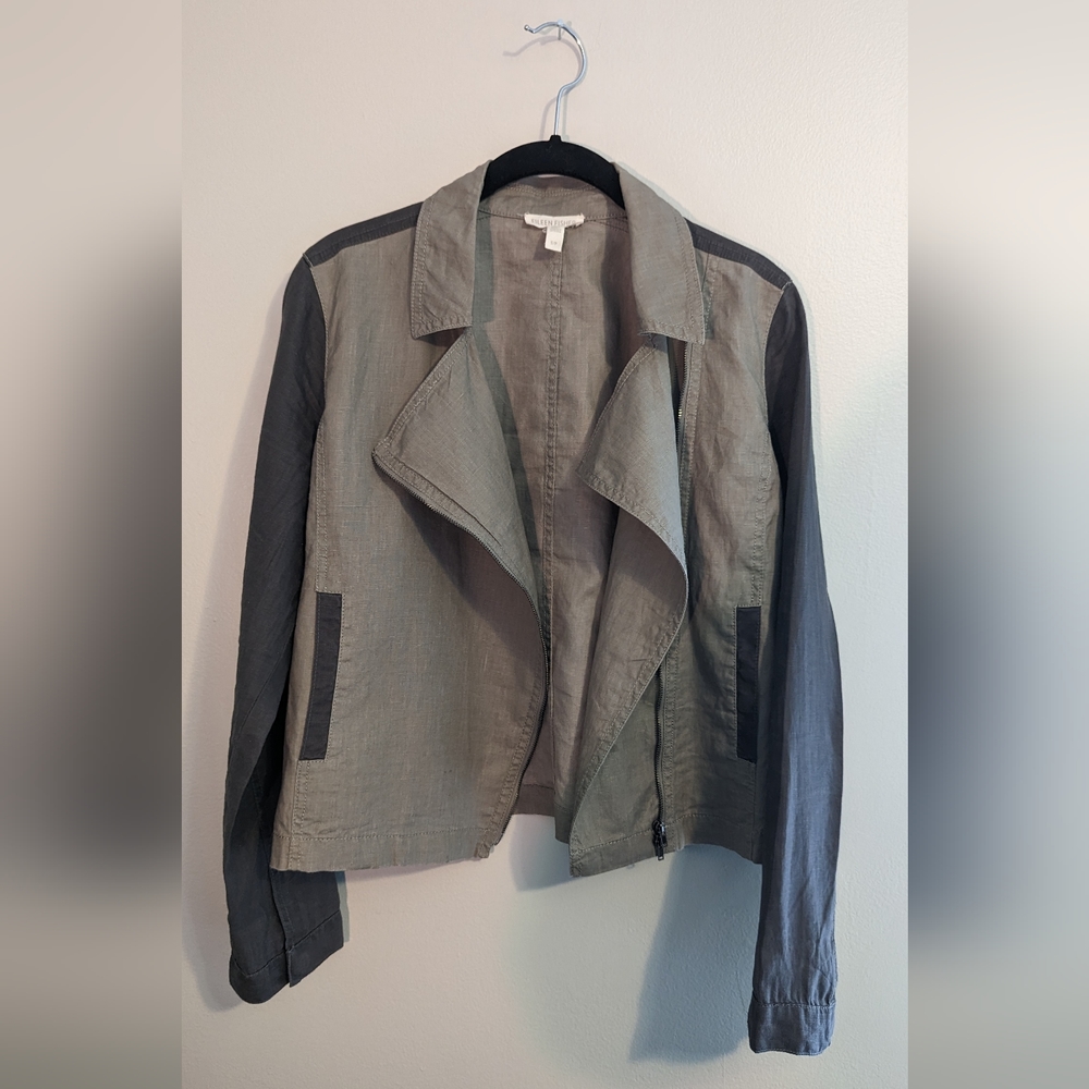 Eileen Fisher 100% Organic Linen Duo-tone Green Linen Zipper Lightweight Jacket